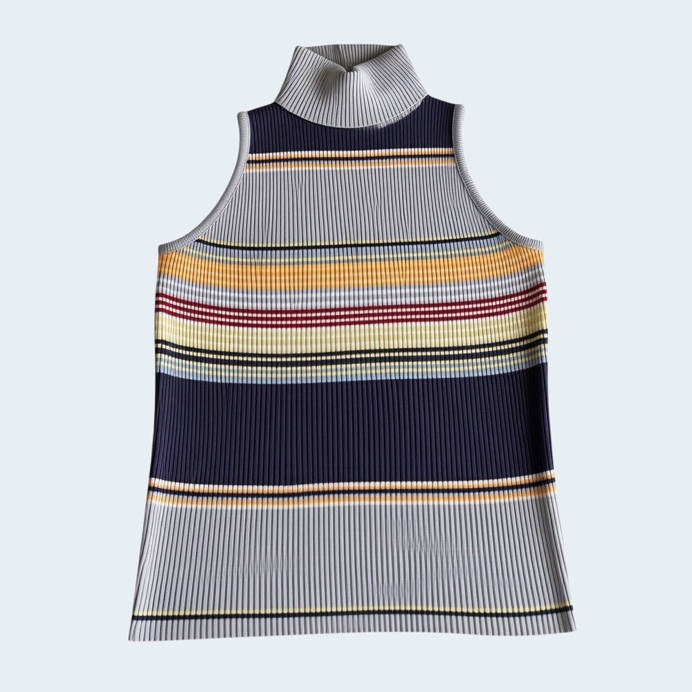 Vintage Sleeveless Turtleneck Striped Ribbed Knit Sweater Large USA Retro